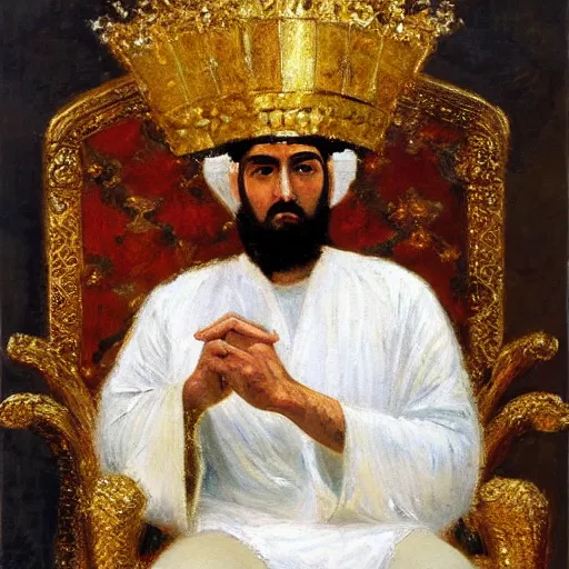 Prompt: impressionist oil painting of a middle eastern emperor dressed in white and gold garments on his throne with his head leaning on his fist while deep in thought, wearing a vibrant golden crown on his head, white background, king solomon