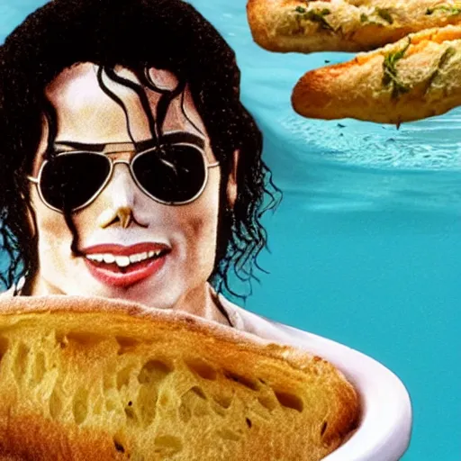 Prompt: Michael Jackson swimming in garlic bread