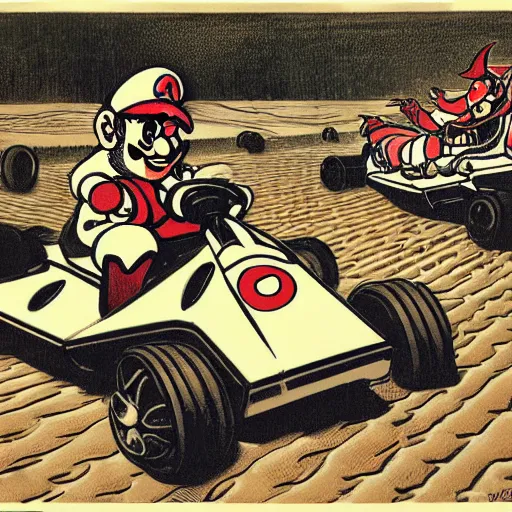 Image similar to a james tissot woodblock print of mario kart 6 4