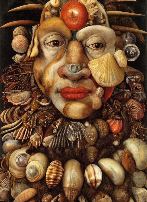 Prompt: a surreal painting of a shaman's face, by Giuseppe Arcimboldo, seashells, symbolist, soft colors, dramatic lighting, smooth, sharp focus, extremely detailed, aesthetically pleasing composition