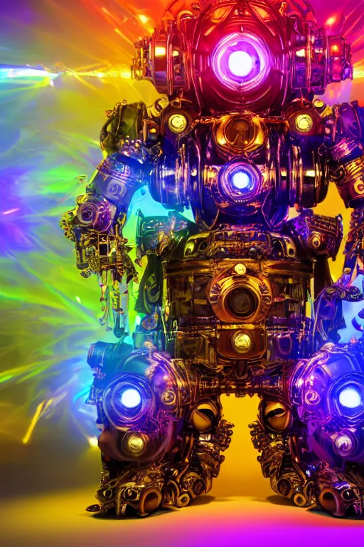 Prompt: portrait photo of a giant huge golden and blue metal futuristic steampunk robot covered with multicolored big guitars and gears and tubes, eyes are glowing red lightbulbs, shiny crisp finish, 3 d render, 8 k, insaneley detailed, fluorescent colors, background is multicolored lasershow