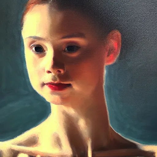 Image similar to portrait of a ballerina, very thick and wet oil paint, 8 k, cinematic light, shadows, reflection highlights in the paint, in the style of joseph lee,