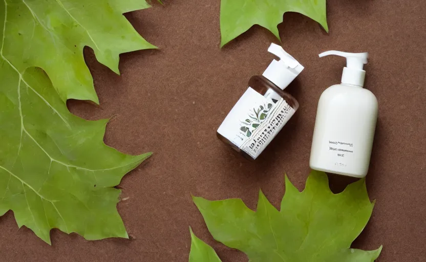 Prompt: a bottle of lotion, surrounded by leaves, product photography