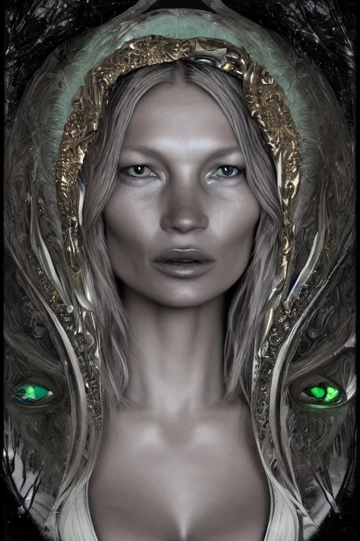 Image similar to a realistic dark photo of a beautiful ancient alien woman goddess kate moss in jewelery and fractals in style of alphonse mucha art nuvo dmt lsd trending on artstation made in unreal engine 4