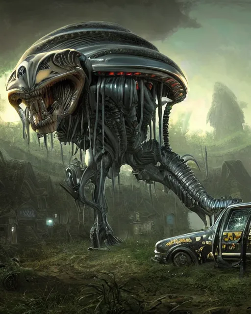 Prompt: xenomorph taxi car in a fantasy village, calming, uplifting mood, ultra realistic, farm, small buildings, highly detailed, epic lighting, illuminated, cinematic, morning, art by eddie mendoza