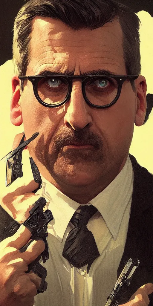 Prompt: close up of steve carell angry, high contrast, highly detailed, sharp focus, digital painting, concept art, illustration, trending on artstation, art by greg rutkowski + greg hildebrandt + alphonse mucha