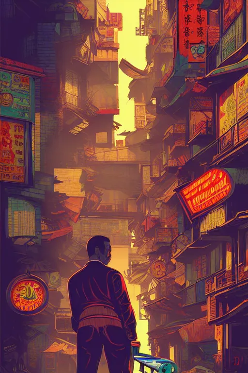 Image similar to slum neighbourhood. pop art, pixel, bioshock art style, gta chinatown art style, dynamic composition, sharp focus, intricate details, elegant, aesthetic, warm colour, art by artgerm and richard hamilton and mimmo rottela