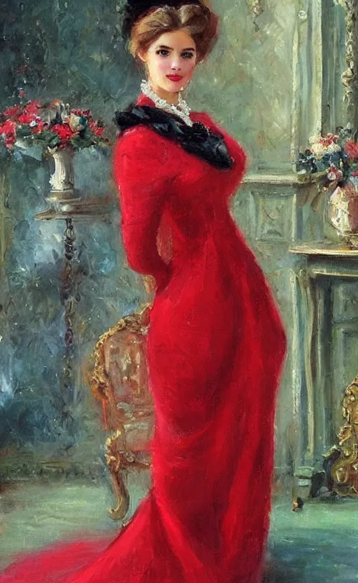 Image similar to Elegant laydy in red victorian dress. By Konstantin Razumov, highly detailded