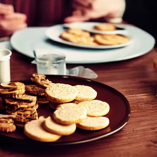 Prompt: cinematic shot of the joker sitting at a table with a plate of biscuits and chicken, 8 k, very detailed, very intricate,