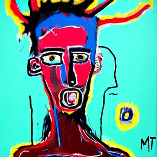 Image similar to A pretty woman with devil horns wearing a silver mini dress standing on the ocean, pitchfork, creative background, abstract jean-Michel Basquiat oil painting with thick paint strokes, oil on canvas, intricately!!! detailed!!!