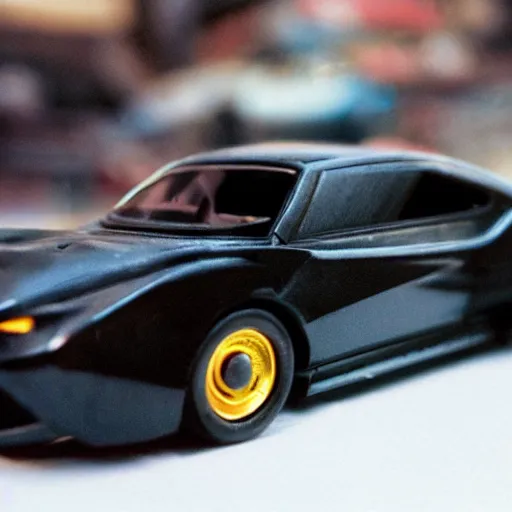 Image similar to 3 5 mm photo of metallic black batman car like hot wheels model with a batcave as background