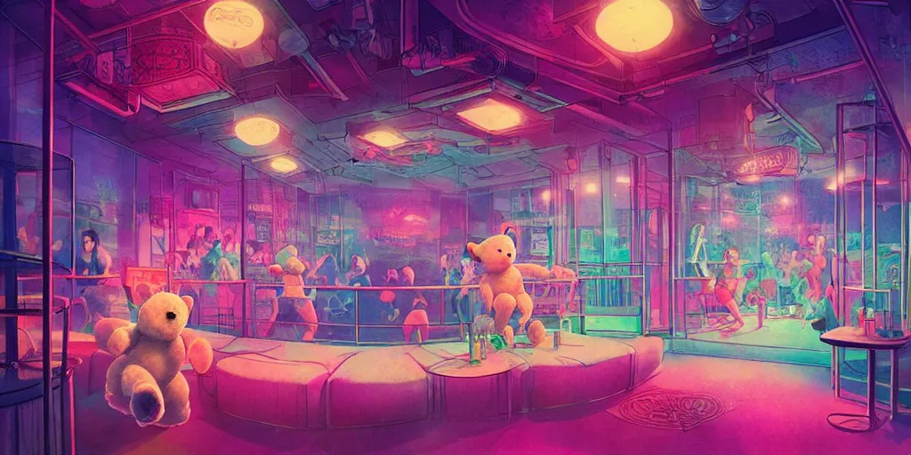 Prompt: lab to create teddy bear wildly crazily jumping hyper at night club with sexy women, disco lighting, darkly playful color scheme, intricate details, matte painting, illustration, by hayao miyazaki