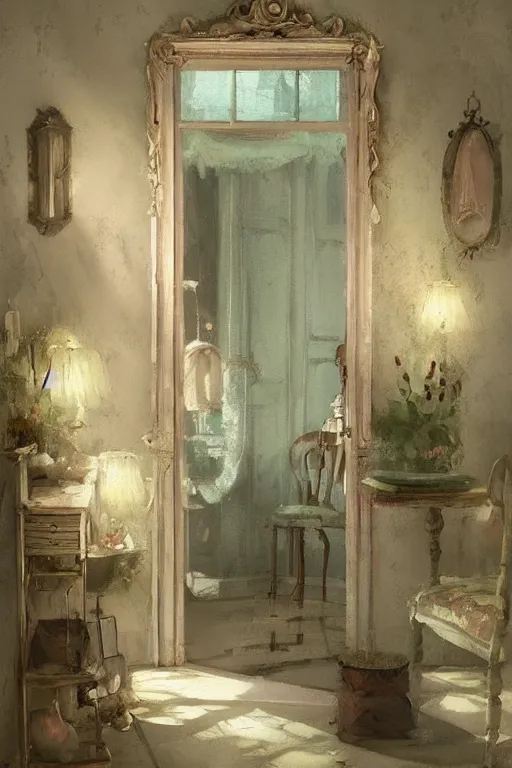 Image similar to beautiful digital matte painting of a whimsical botanical shabby chic dressing room by greg rutkowski and edward hopper, vivid artstation, behance hd