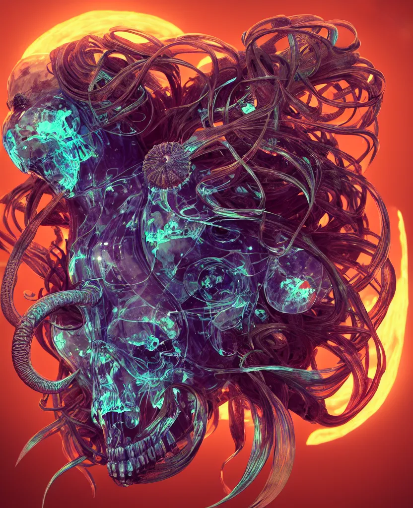 Image similar to goddess close-up portrait ram skull, thorax, x-ray, backbone, jellyfish phoenix head, nautilus, orchid, skull, betta fish, bioluminiscent creatures, intricate artwork by Tooth Wu and wlop and beeple. octane render, trending on artstation, greg rutkowski very coherent symmetrical artwork. cinematic, hyper realism, high detail, octane render, 8k