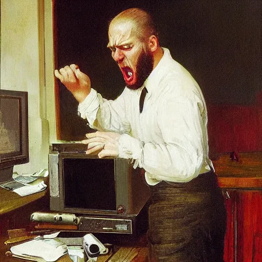 Image similar to an angry man yells at his computer monitor, oil on canvas, 1 8 8 3, highly detailed