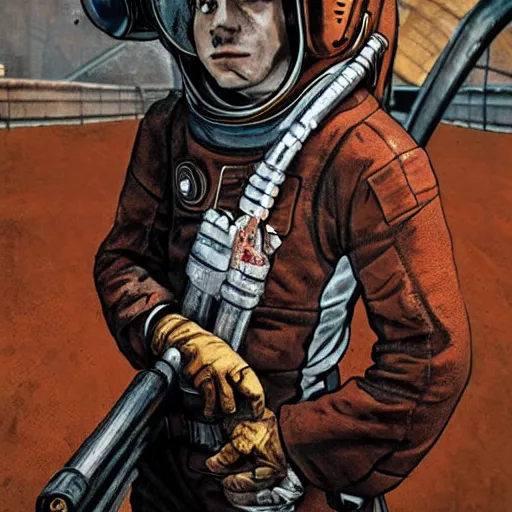 Prompt: [Leather and rust cosmonaut holding a checkered flag, very detailed, cinematic lighting, matte, sharp, photography, art by enki bilal]