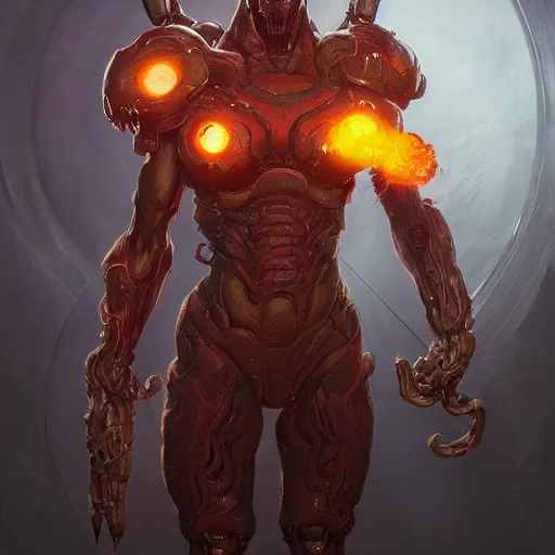 Image similar to doom eternal, mutant, tubes fused with the body, front view, painted by stanley lau, painted by greg rutkowski, painted by stanley, artgerm, masterpiece, digital art, trending on arts