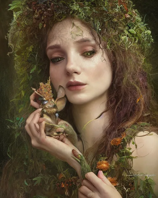 Image similar to dryad musician inspired by brian froud, portrait, accompanied by a cute feathered mouse, studio lighting by jessica rossier and brian froud and gaston bussiere