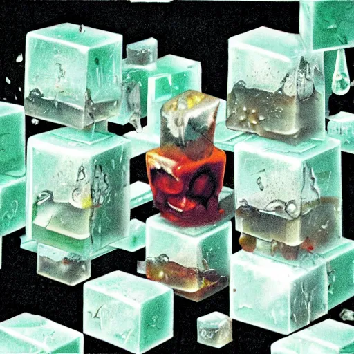 Image similar to gelatinous cubes being processed into magic items with the juice made from their bodies, d & d, dave mckean