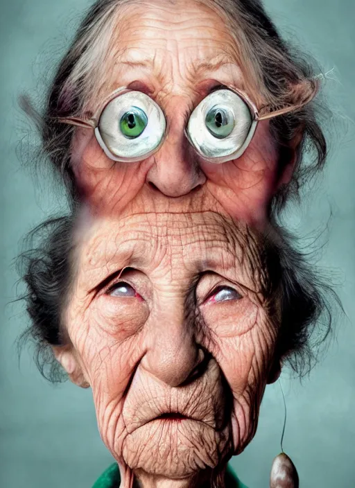 Image similar to an old woman with a weird look on her face, a surrealist painting by Martin Schoeller, shutterstock contest winner, pop surrealism, angelic photograph, stock photo, photoillustration