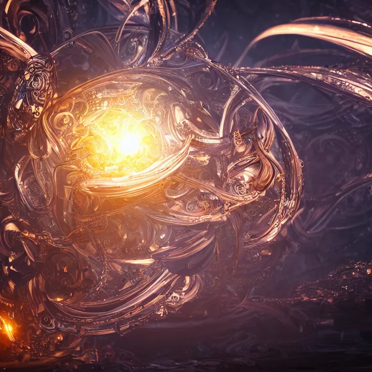 Image similar to swirling abstract cyborg parts and bio - mechanical tendrils and ornate flowing smoke streams and liquid light streaks surround a small metallic sphere, cinematic, unreal engine