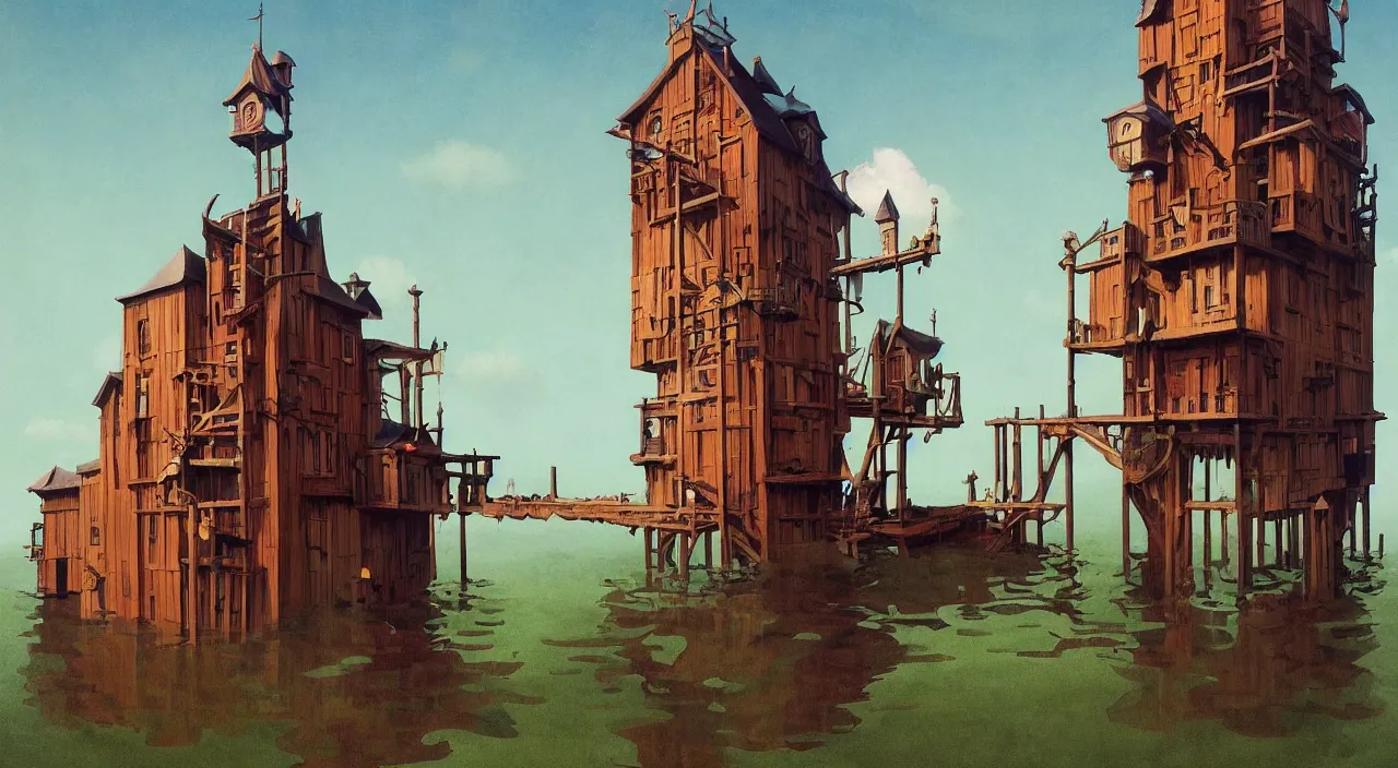 Prompt: single flooded simple fantasy wooden tower, very coherent and colorful high contrast!! masterpiece by rene magritte simon stalenhag carl spitzweg syd mead norman rockwell edward hopper james gilleard, minimalist, dark shadows, sunny day, hard lighting