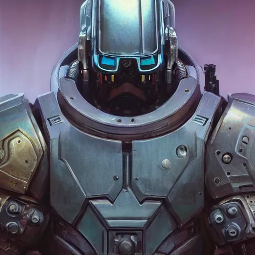 Image similar to the doomslayer as a realistic scifi cyberpunk knight, closeup portrait art by donato giancola and greg rutkowski, vintage retro scifi, realistic face, digital art, trending on artstation, symmetry!!!