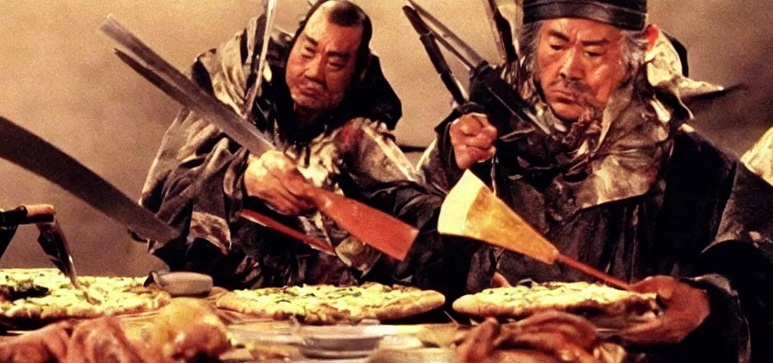 Image similar to scene from Kagemusha, 1980, movie still, cinematic, a chef using magic to make a pizza, epic,