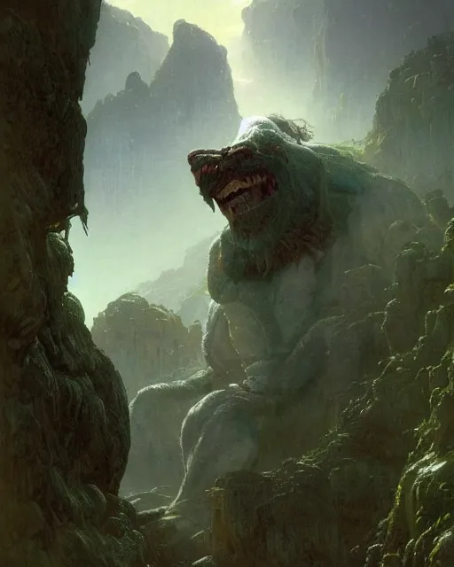 Image similar to a giant troll, detailed. Realistic painting by Thomas Cole and Wayne Barlowe, Greg Rutkowski