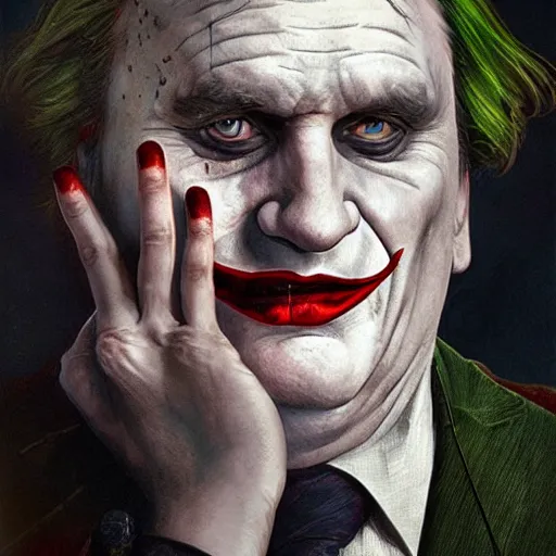 Image similar to [Gerard Depardieu as the Joker as president of France!, closeup, D&D, intricate, elegant, highly detailed, digital painting, artstation, concept art, matte, sharp focus, illustration, art by Artgerm and Greg Rutkowski and Alphonse Mucha]