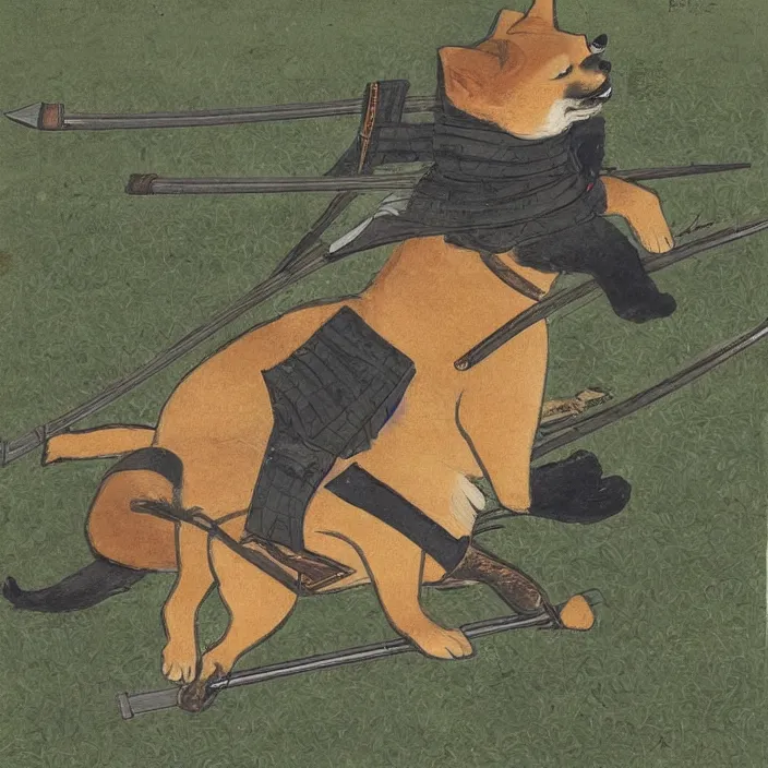 Image similar to a shiba-inu-samurai general waking up from a nap on the battlefield, his trusty katana at his side, artwork on loan from the historical dog society of japan