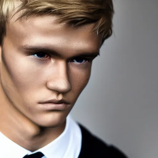 Image similar to a realistic detailed photo of a guy who is an attractive humanoid who is half robot and half humanoid, who is a male android, soccer player martin ødegaard, shiny skin, posing like a statue, blank stare, in a living room, on display