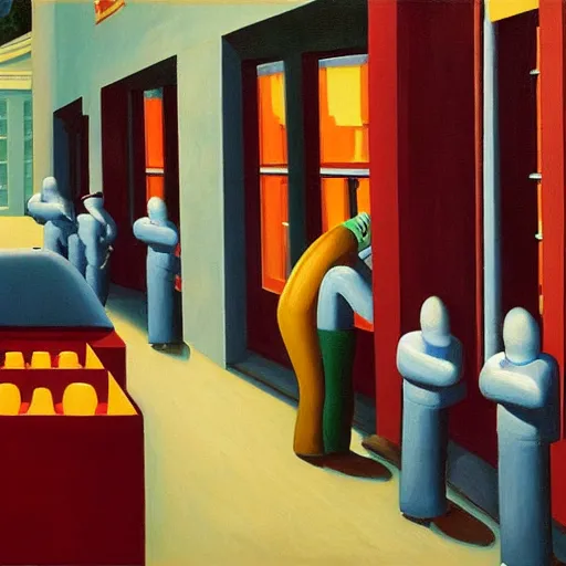 Image similar to robots queue up for ice cream, grant wood,! pj crook!,! edward hopper!, oil on canvas