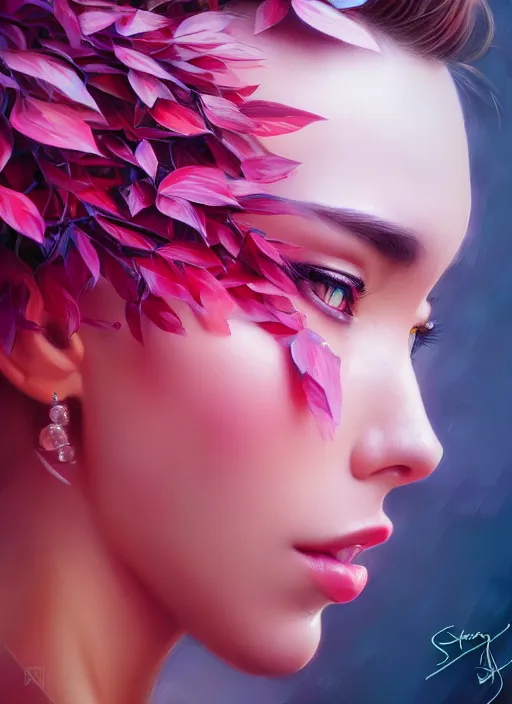 Image similar to photo of a gorgeous female in the style of stefan kostic, realistic, half body shot, sharp focus, 8 k high definition, insanely detailed, intricate, elegant, art by stanley lau and artgerm, extreme bokeh pink foliage