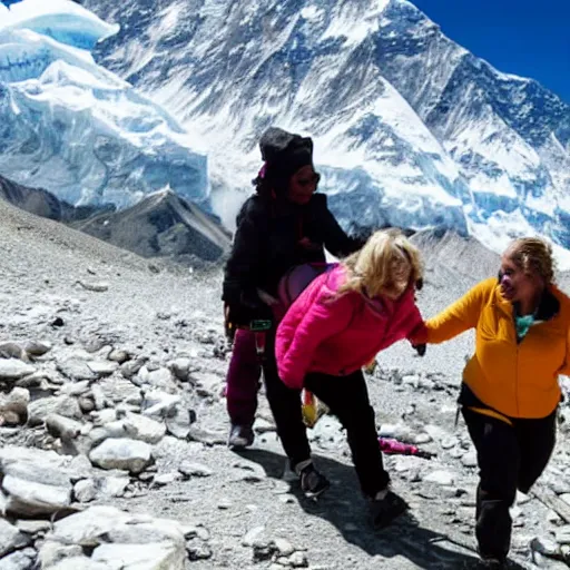 Prompt: blonde lady pushing obese indian woman in a wheelchair up mount everest