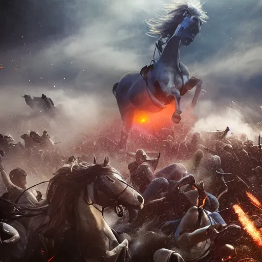 Image similar to an horse attacking a horde of humans in a battlefield, explosions, foggy, dust, dirt, cinematography, photography, realistic, detailed,