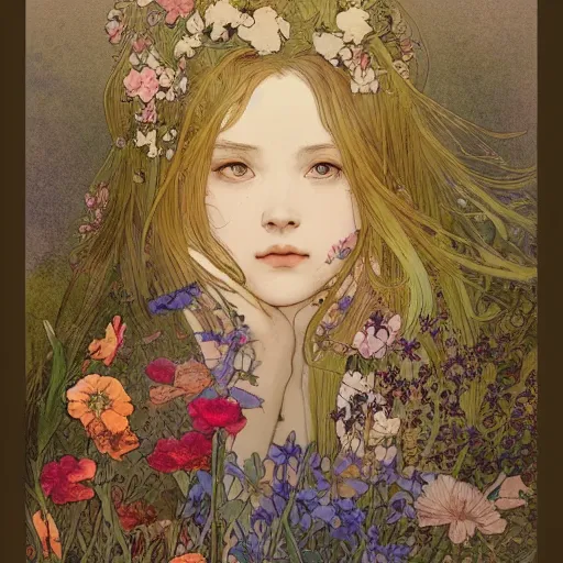 Prompt: a beautiful intricate watercolor illustration of a dreaming girl with flowers, leaves, 4 k, ultra - wide angle, by william turner, by victo ngai, by alphonse mucha, by moebius, by gustave dore, hd, trending on artstation, hyper detailed, muted intense colors