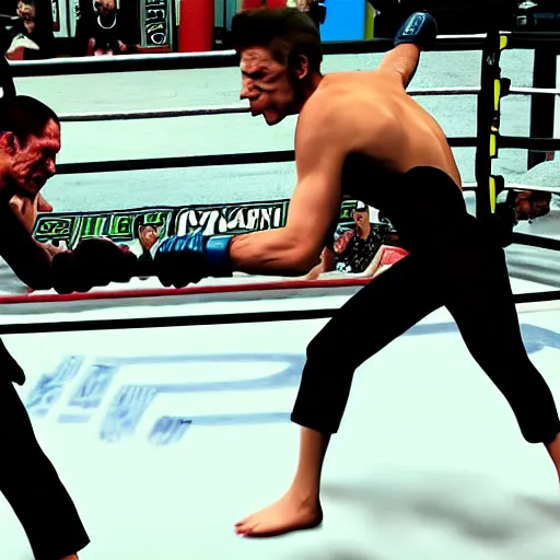 Prompt: willem dafoe versus jerma 9 8 5 fighting in a mixed martial arts game, 4 k, dramatic, blood, intense, realistic, full body