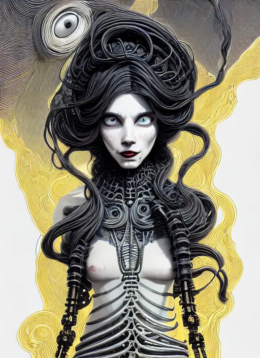 Prompt: highly detailed portrait of a biomechanical long curly white hair tribal lady, stray wiring by atey ghailan, james gilleard, by joe fenton, by greg rutkowski, by greg tocchini, by kaethe butcher, 4 k resolution, gradient yellow, black and white color scheme!!! ( ( dystopian robotic pyramid pouring sandfall background ) )