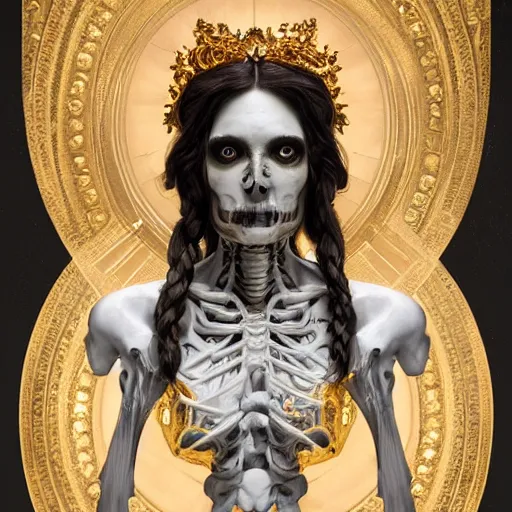 Prompt: portrait of Hecate as a marble statue skeleton, skeleton Hecate, greek mythology, gold crown and filaments, intricate, headshot, highly detailed, digital painting, artstation, concept art, sharp focus, cinematic lighting, illustration, art by artgerm and greg rutkowski, alphonse mucha, Caravaggio, chiaroscuro, cgsociety