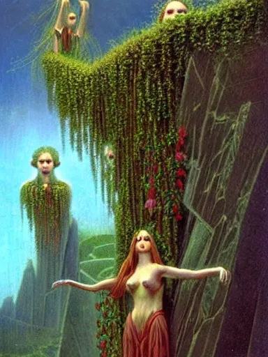 Image similar to The Hanging-Gardens of Pareidolia, lobelia, ivy, verbena and pothos growing facial features and optical-illusions, aesthetic!!!!!!!!!!, by Gerald Brom in the style of Chris Tulloch McCabe,