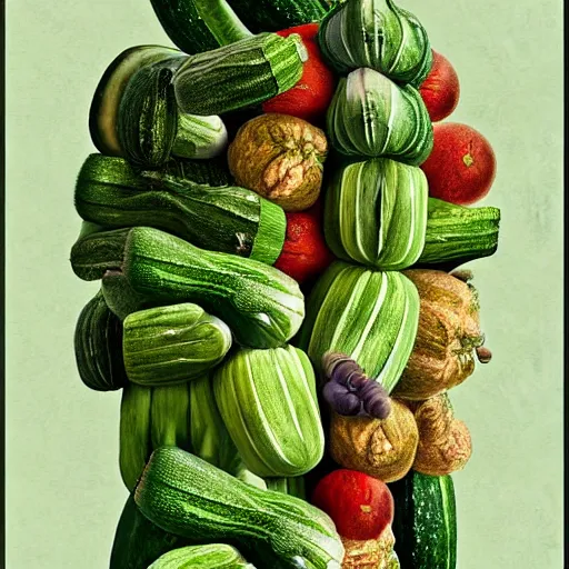 Prompt: mark zuckerberg as a zucchini, vegetable market stand in the background, digital painting by arcimboldo sci-fi