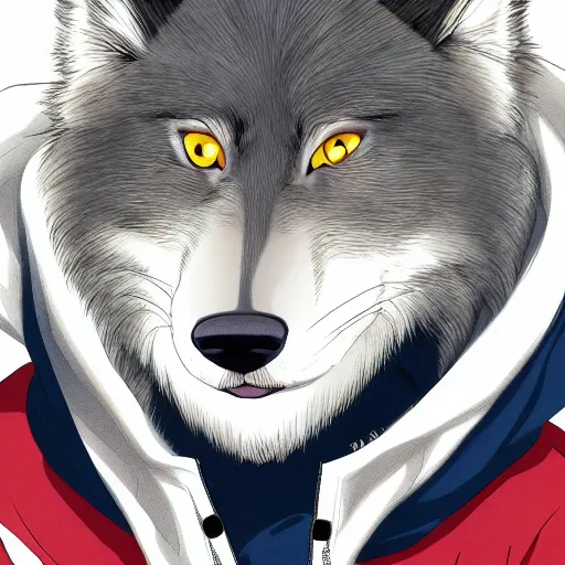 Image similar to key anime visual portrait of a handsome male anthro wolf furry fursona with beautiful eyes, wearing a hoodie, official modern animation