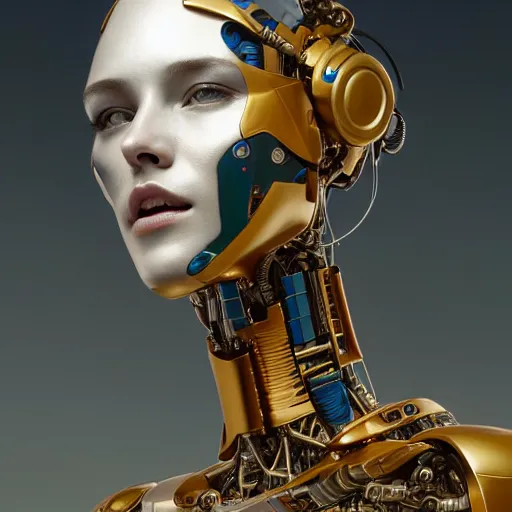 Image similar to oil paining of robotic humanoid, intricate mechanisms, highly detailed, professional digital painting, Unreal Engine 5, Photorealism, HD quality, 8k resolution, cinema 4d, 3D, cinematic, professional photography, art by artgerm and greg rutkowski and alphonse mucha and loish and WLOP