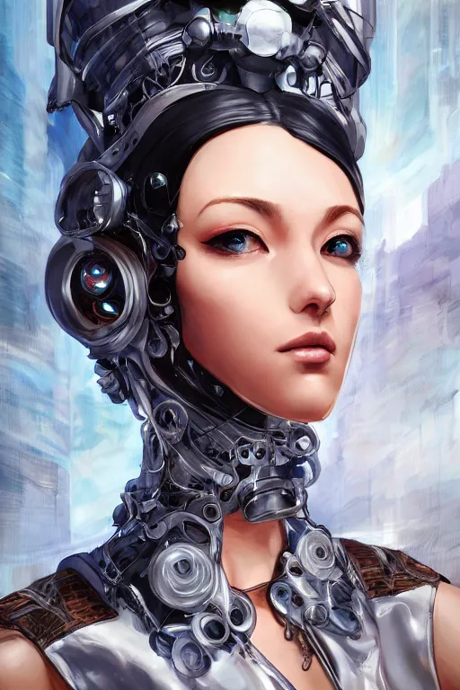 Image similar to femalecyborg head wrapped in silk, 3d, sci-fi fantasy, intricate, elegant, highly detailed, lifelike, photorealistic, digital painting, artstation, illustration, concept art, sharp focus, art in the style of Shigenori Soejima