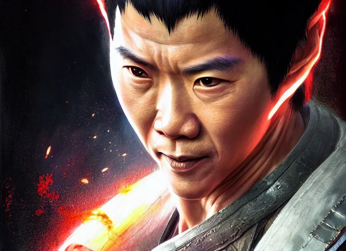 Image similar to highly detailed portrait of jet li, in tekken, stephen bliss, unreal engine, fantasy art by greg rutkowski, loish, rhads, ferdinand knab, makoto shinkai and lois van baarle, ilya kuvshinov, rossdraws, tom bagshaw, global illumination, radiant light, detailed and intricate environment