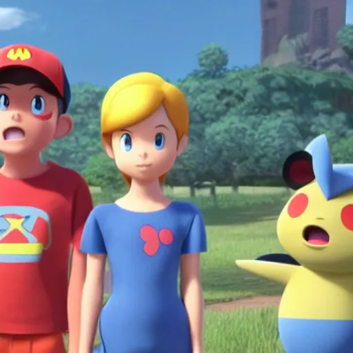 Image similar to Misty, Ash and Brock, film still from the 3d Pixar Pokémon movie