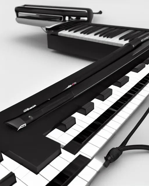 Prompt: 4K, UHD, post-processing Octane render, studio background, adaptative lighting, High Quality render of an electronic melodica, black, glossy, futuristic, highly detailed, intrincated