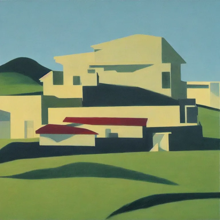 Image similar to dreaming futuristic rural landscape with modern houses, painted by Alex Katz, painted by Edward Hopper, airbrush