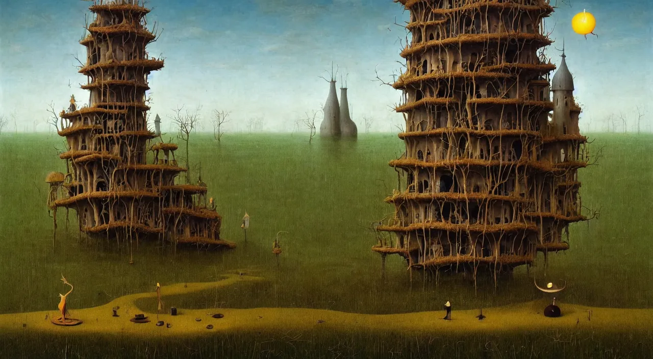 Prompt: single flooded simple fungus wooden tower, very coherent and colorful high contrast ultradetailed photorealistic masterpiece by franz sedlacek hieronymus bosch gediminas pranckevicius dean ellis simon stalenhag rene magritte, dark shadows, sunny day, hard lighting